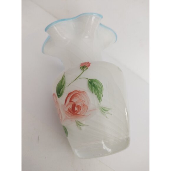 Fenton Designed Teleflora White Opalescent Vase Blue Crest Ruffled Hand Painted - Picture 6 of 11